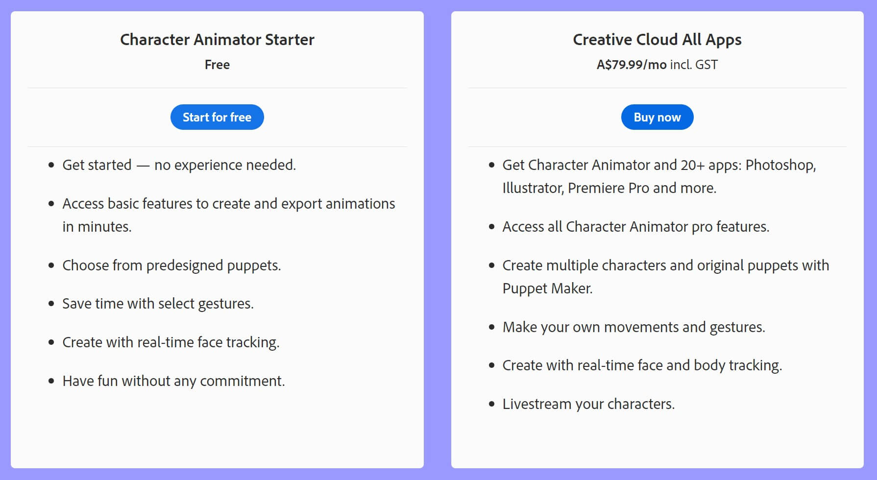 Adobe Character Animator Plans