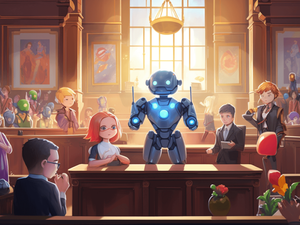A courtroom scene with a robot character, symbolising the intricate legal challenges and considerations surrounding AI in design, including copyright and data privacy issues