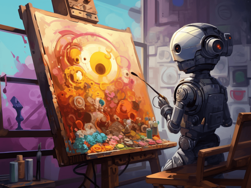 A contemplative robot artist standing before a canvas, symbolising the challenge of overcoming generic designs in AI and the quest for unique creative expression