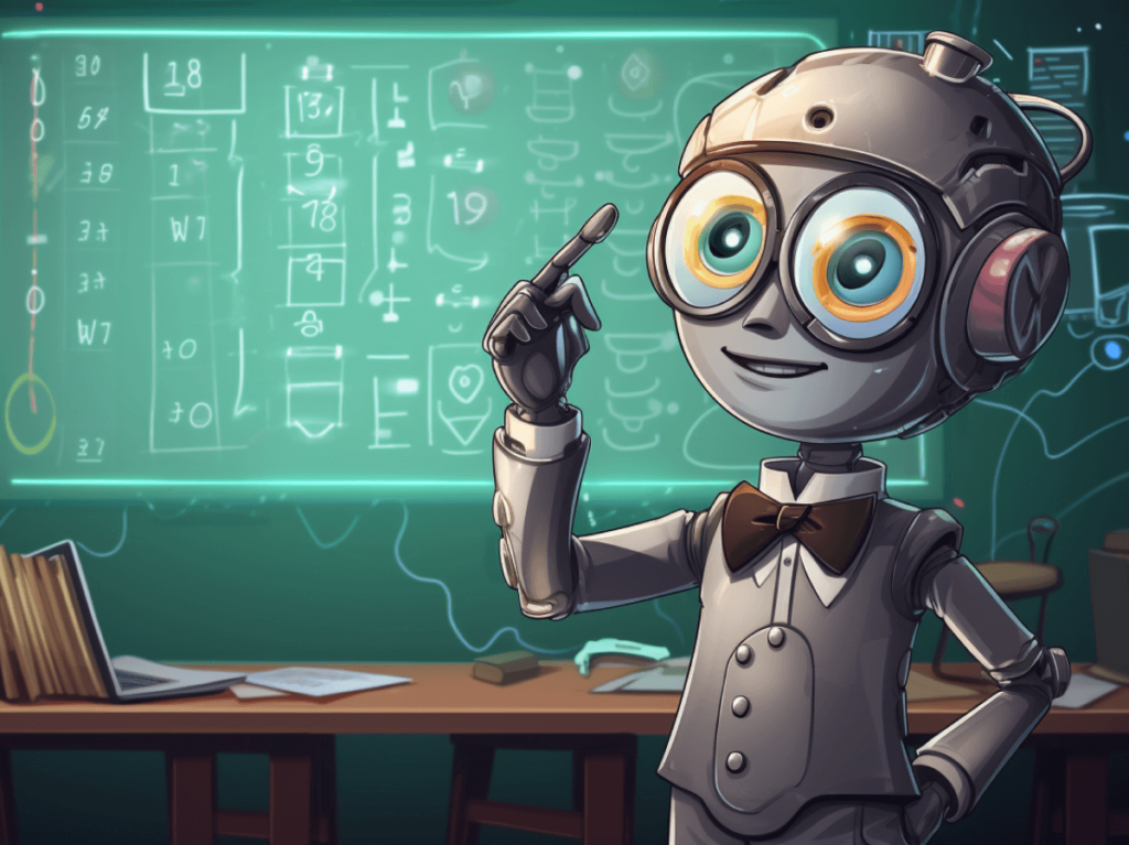 Humorous image of an AI robot dressed as a teacher, pointing to a blackboard with common questions about AI design, symbolising the educational aspect of AI in design