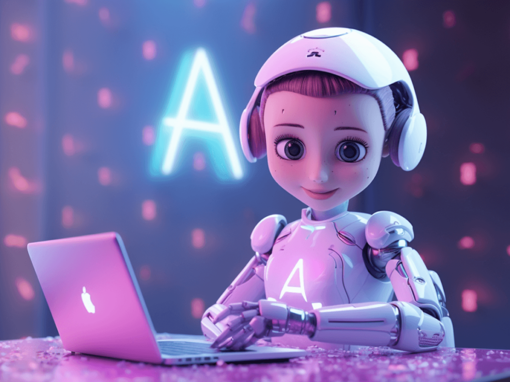 Friendly AI character enhancing a well-known brand's logo, showcasing the practical application and impact of AI in modern logo and graphic design