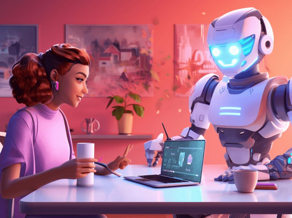 Cozy scene of a beginner designer learning from an AI assistant, surrounded by user-friendly design tools, illustrating the ease and accessibility of starting with AI in design