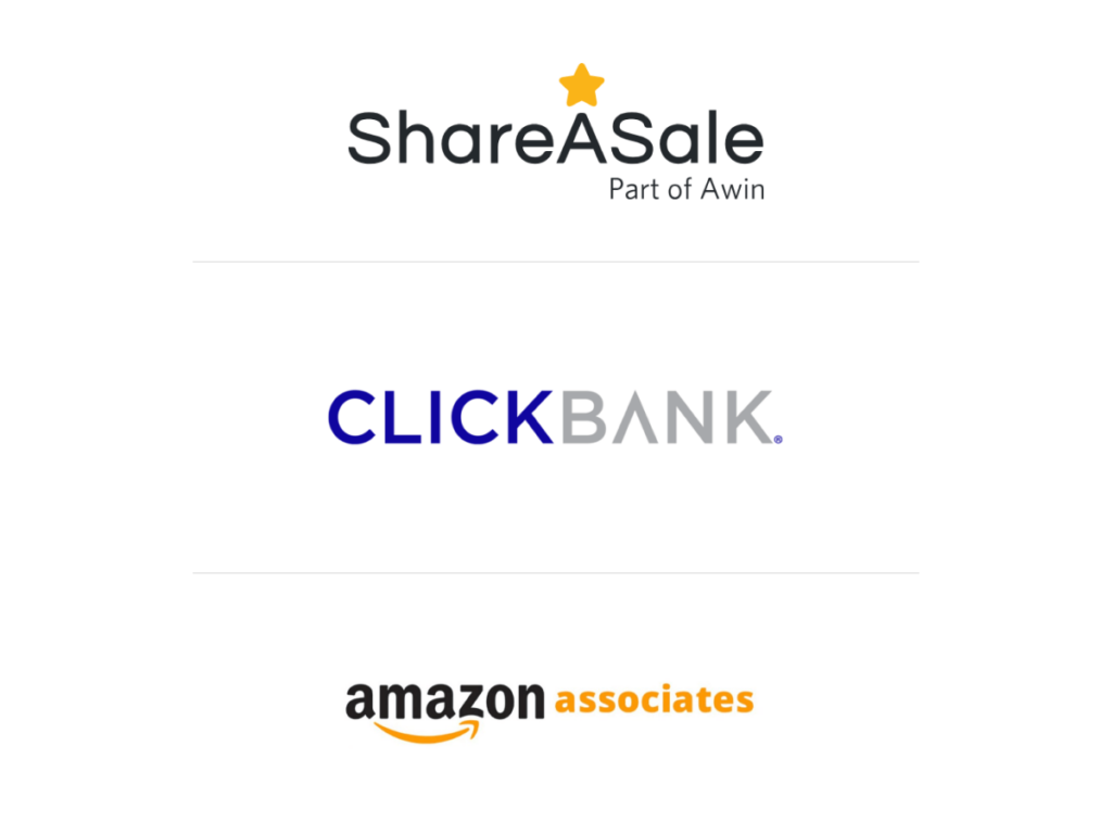 Logos of leading affiliate programs ShareASale, ClickBank, and Amazon Associates for blog monetisation.