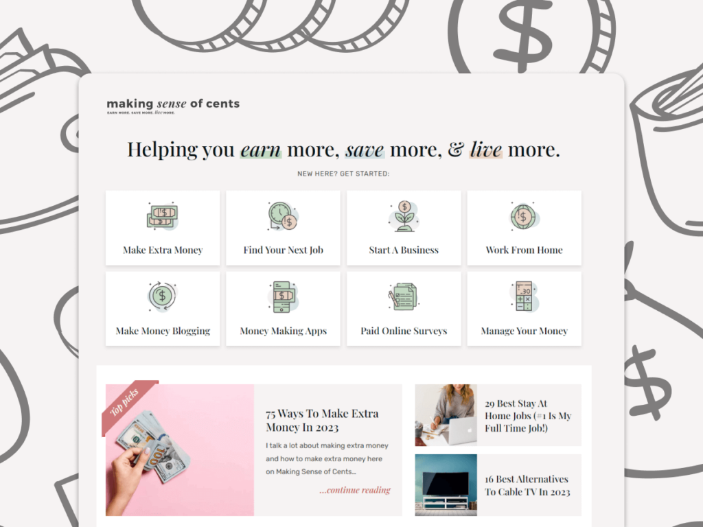 Screenshot of Making Sense of Cents blog, a resource for personal finance, saving, and investment advice.