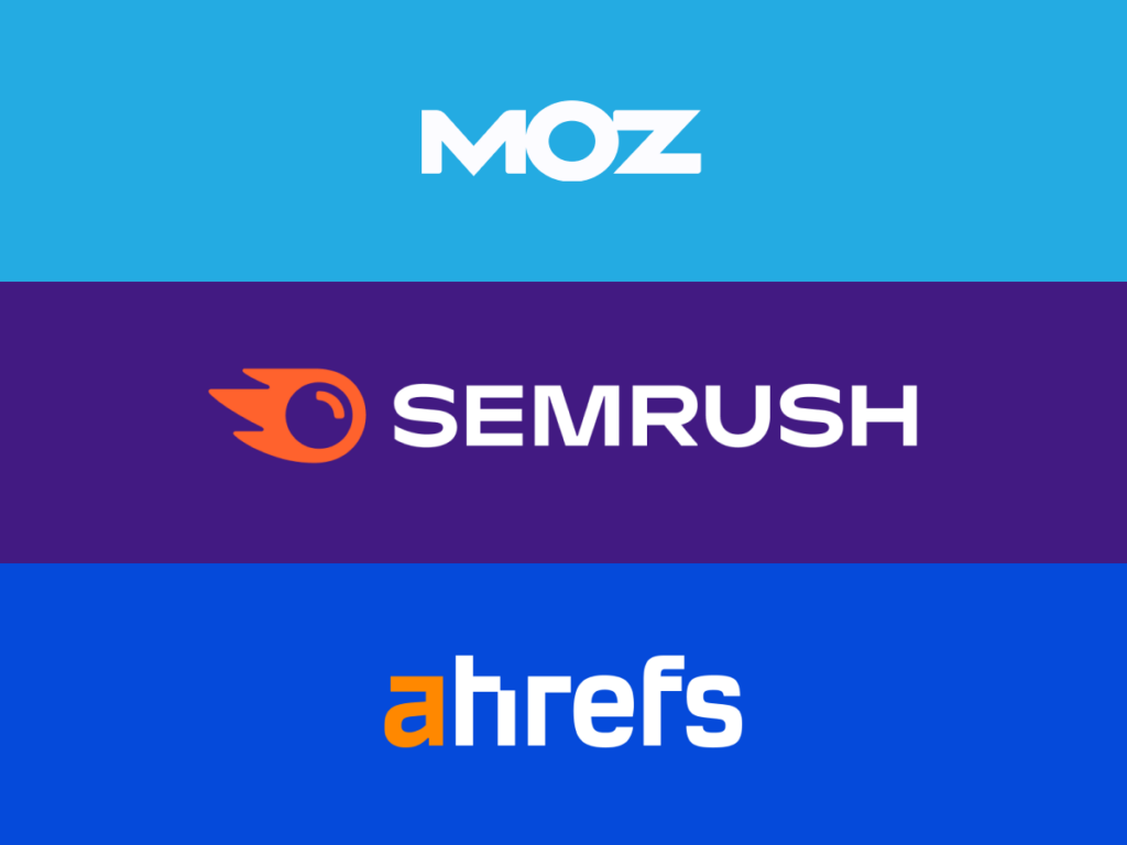 Logos of popular SEO tools Moz, Semrush, and Ahrefs used for competitive analysis in blogging.