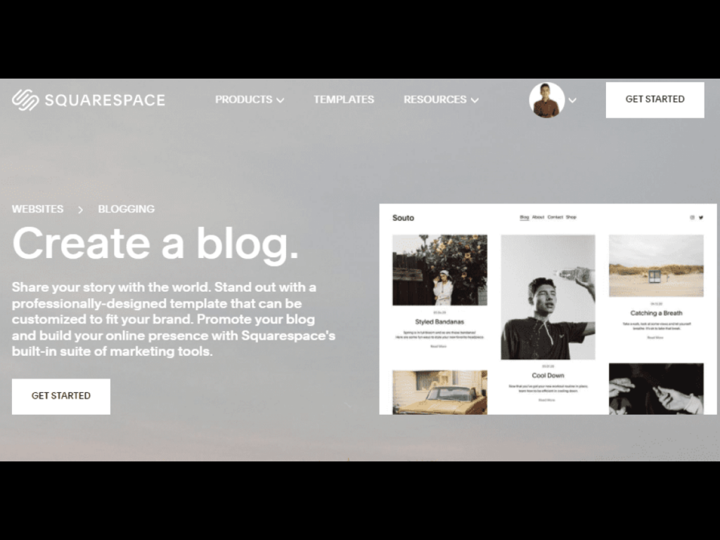 Squarespace's intuitive blog creation landing page with content block options