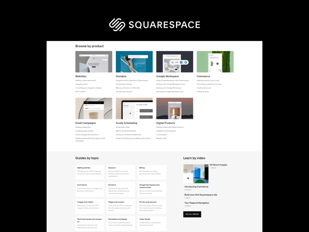 Screenshots displaying the extensive resources available in the Squarespace Help Center
