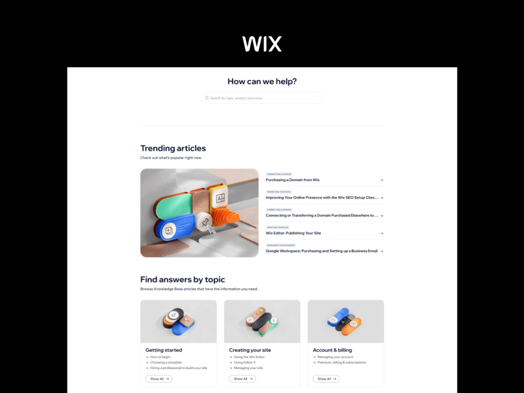 Screenshots showcasing various resources and guides available in the Wix Help Center