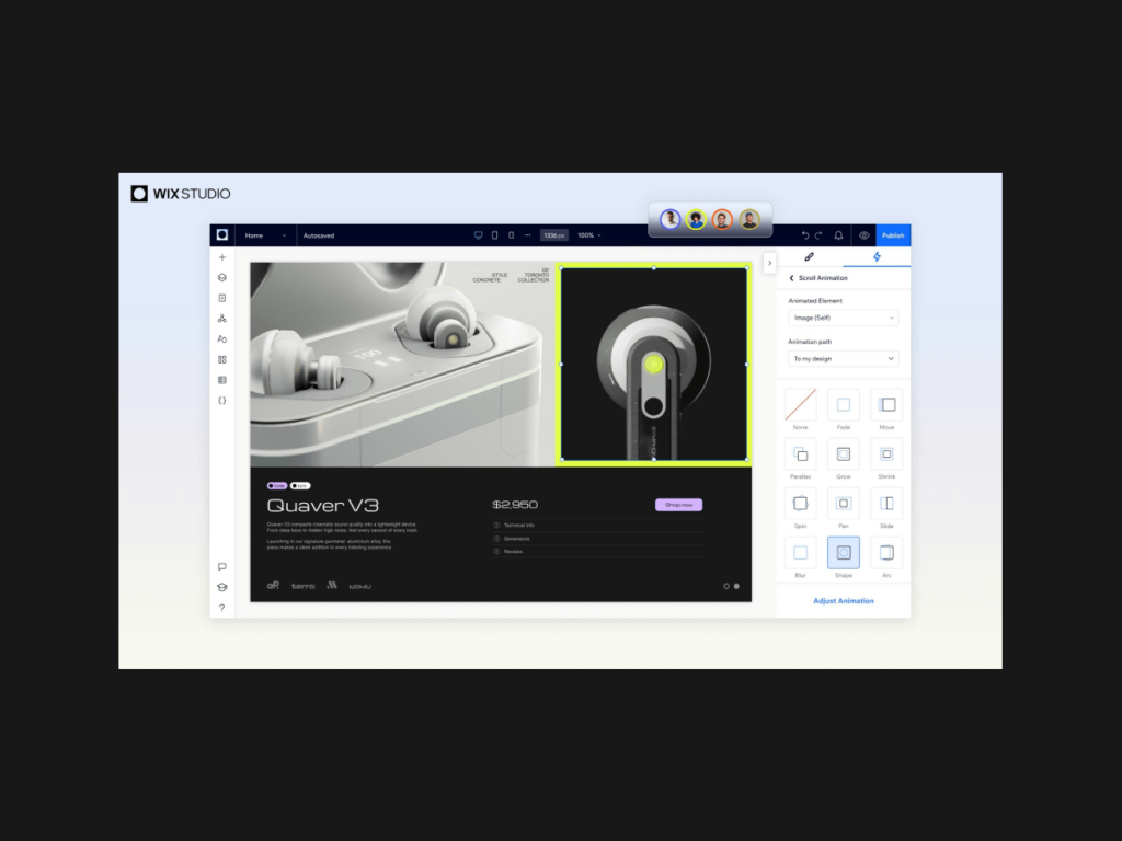 Screenshot of Wix Studio interface showcasing advanced design capabilities