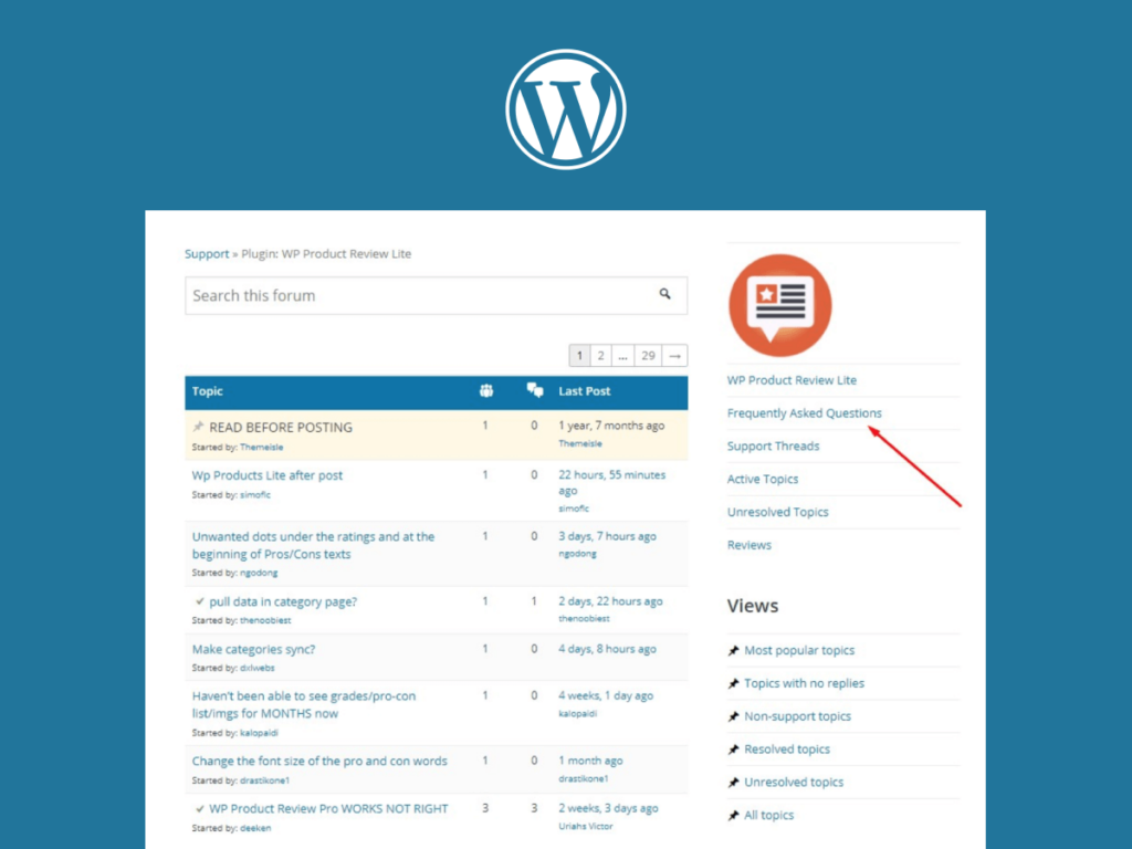 Screenshot of WordPress community forums offering support for plugins and troubleshooting