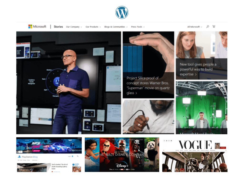 Diverse examples of WordPress websites showcasing the platform's flexibility and customisation capabilities