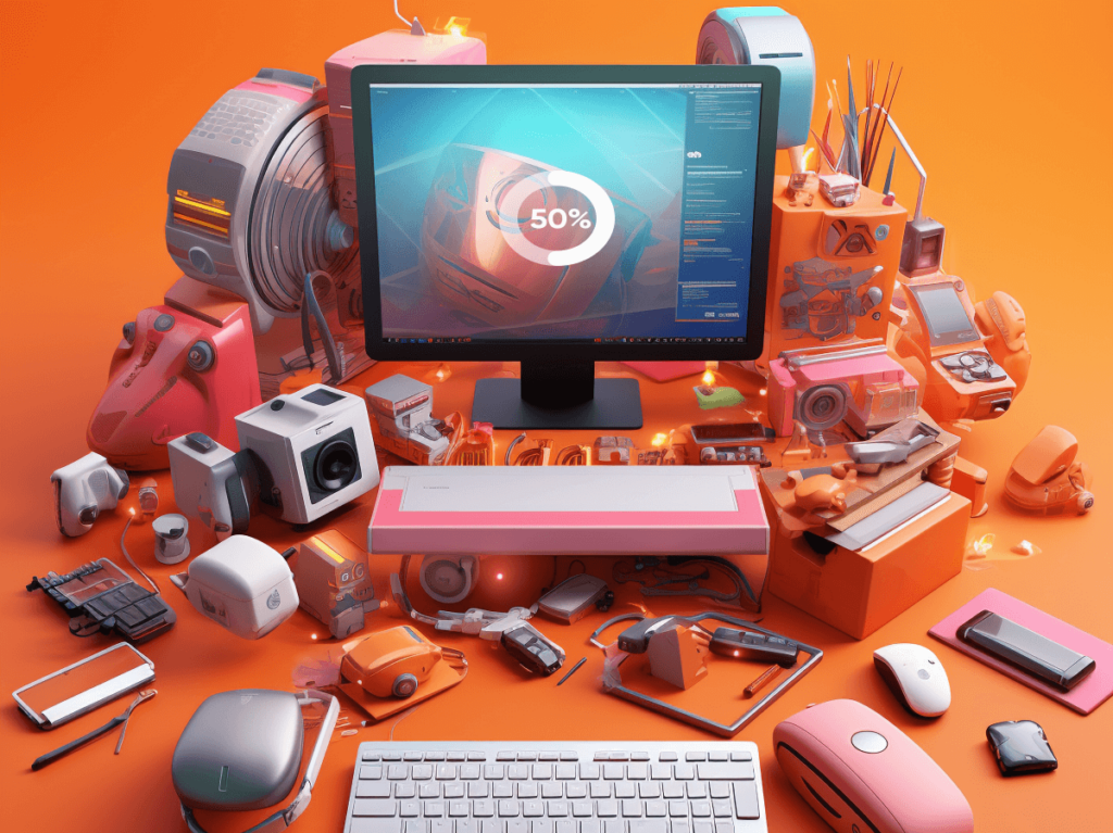 A vibrant orange workspace setup with a computer monitor displaying "50%" surrounded by various tech gadgets and robot figures, representing the significant time and cost savings in content production through AI tools