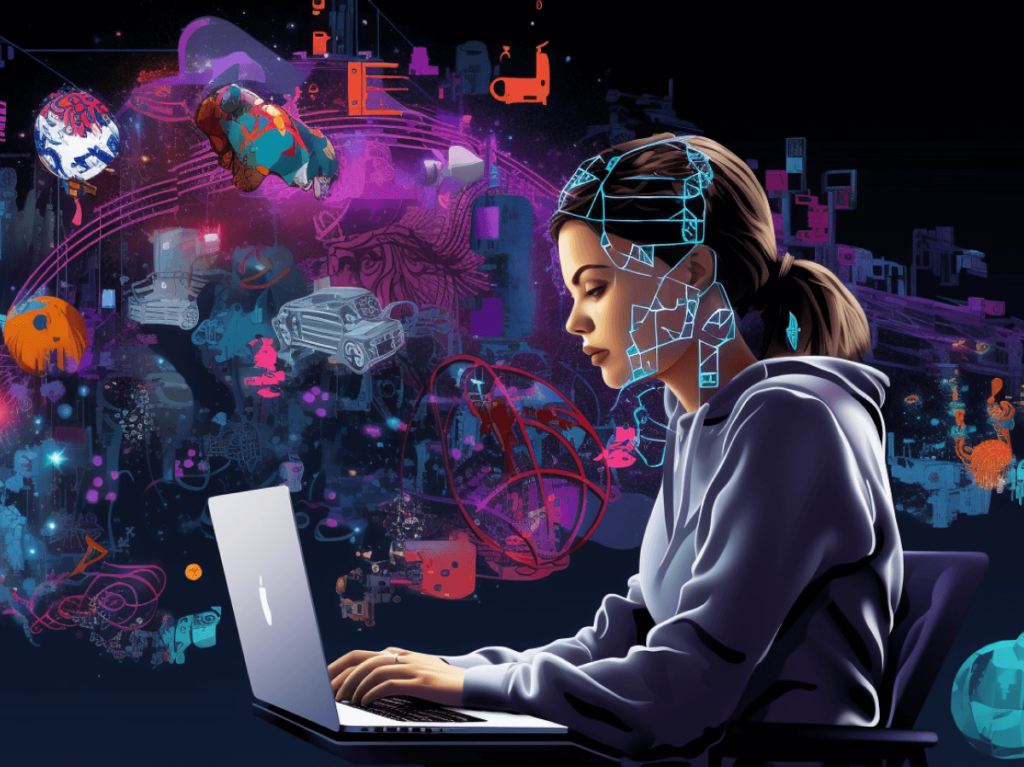 A digital artist conceptually represented with a glowing geometric pattern overlaying her face, immersed in blogging on a laptop with vibrant AI-generated graphics symbolising ideas around her