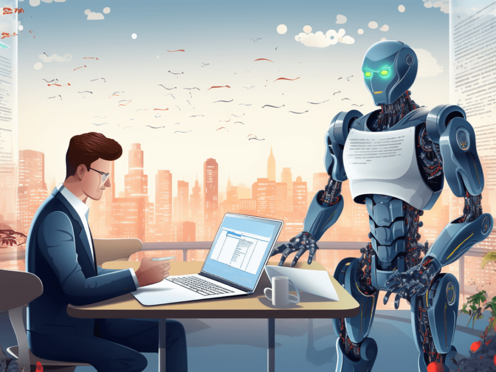 An AI robot assisting a focused content writer with SEO strategies in a high-tech office overlooking a cityscape