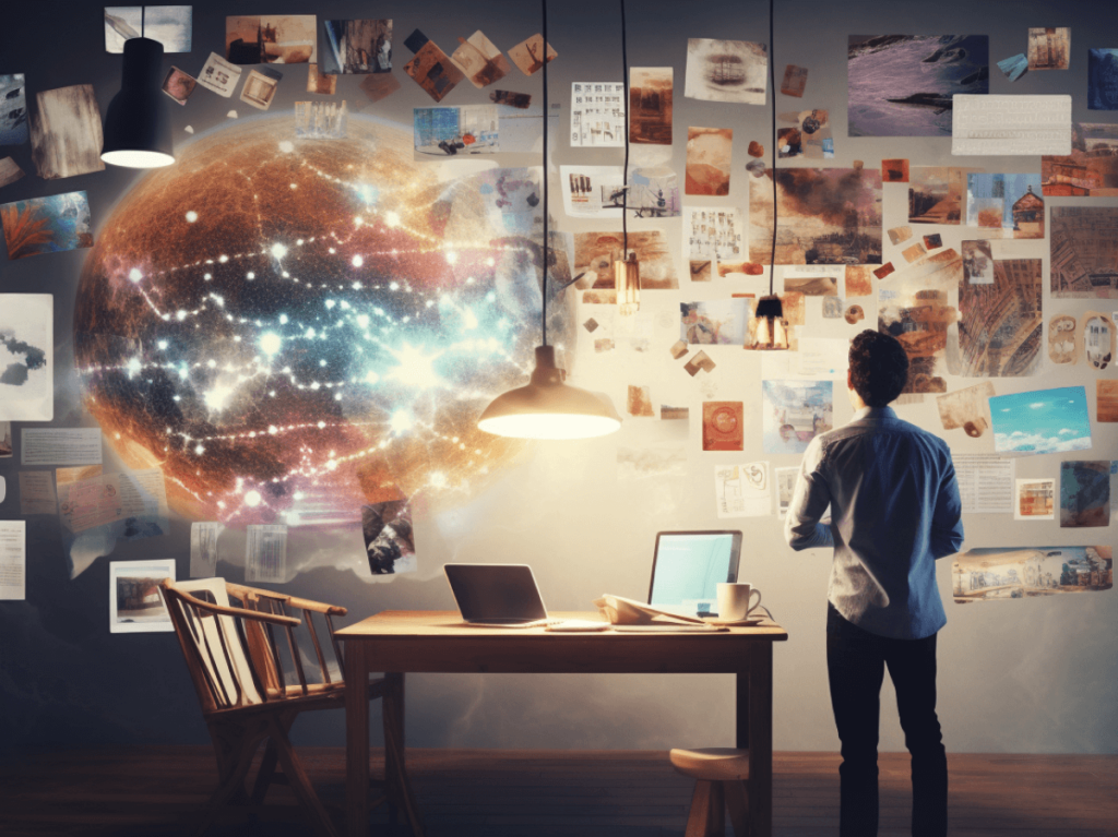 A person stands before a vision board, contemplating a luminous, galaxy-like cloud of ideas that represents the melding of AI-generated concepts with human creativity in content creation