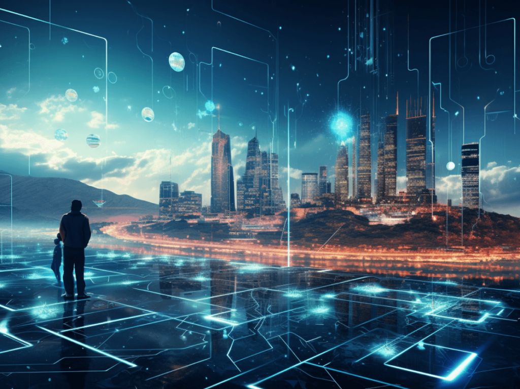 A futuristic cityscape with digital overlays symbolising the integration of AI in SEO strategies