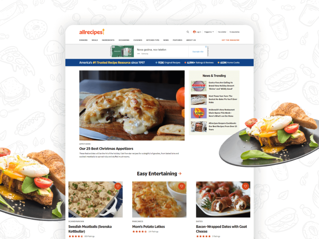 A stylised screenshot of the Allrecipes website featuring a selection of Christmas appetisers, showcasing the use of structured data for enhanced search result presentation