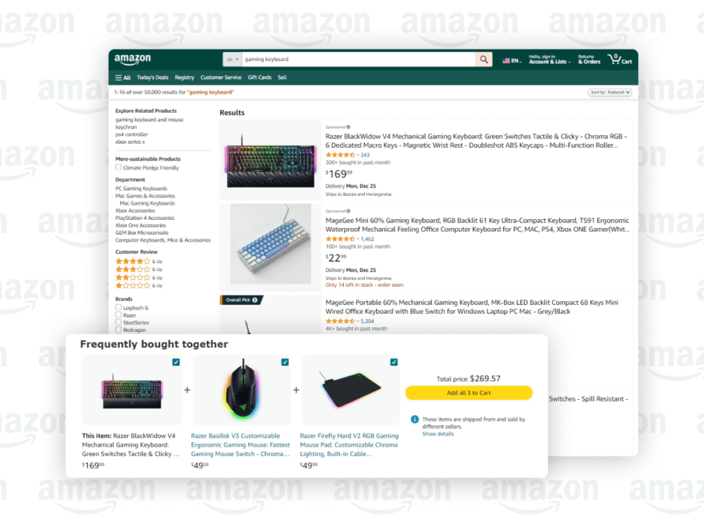 A screenshot of Amazon’s search results page for 'gaming keyboard' displaying a variety of gaming keyboards, highlighting Amazon's ability to align product listings with specific user search intent