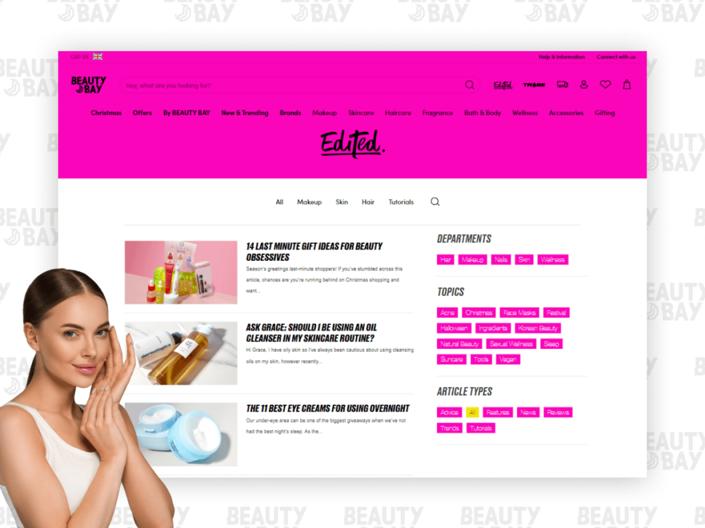 Homepage of Beauty Bay's editorial section featuring articles on beauty tips and trends, showcasing a consistent blogging schedule that boosts SEO and organic traffic.