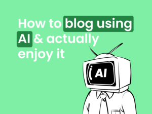 Illustration of a character with a television head labeled 'AI', symbolising the fusion of artificial intelligence with the personal touch in blogging