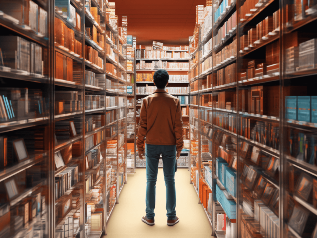 A person standing amidst towering shelves filled with a variety of books, metaphorically representing the vast array of AI tools available for content creators
