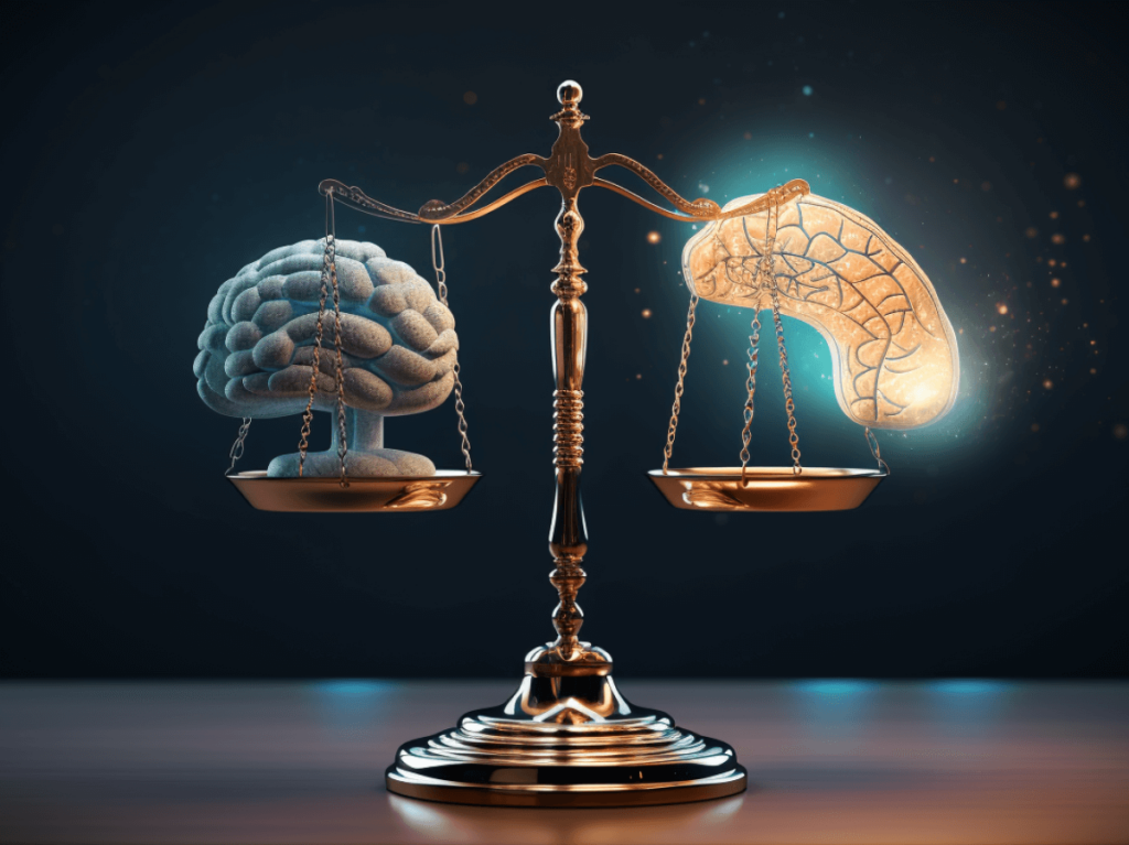 A traditional balance scale weighing a stone-carved human brain on one side and a glowing AI neural network on the other, depicting the equilibrium between human creativity and AI's analytical prowess in content editing