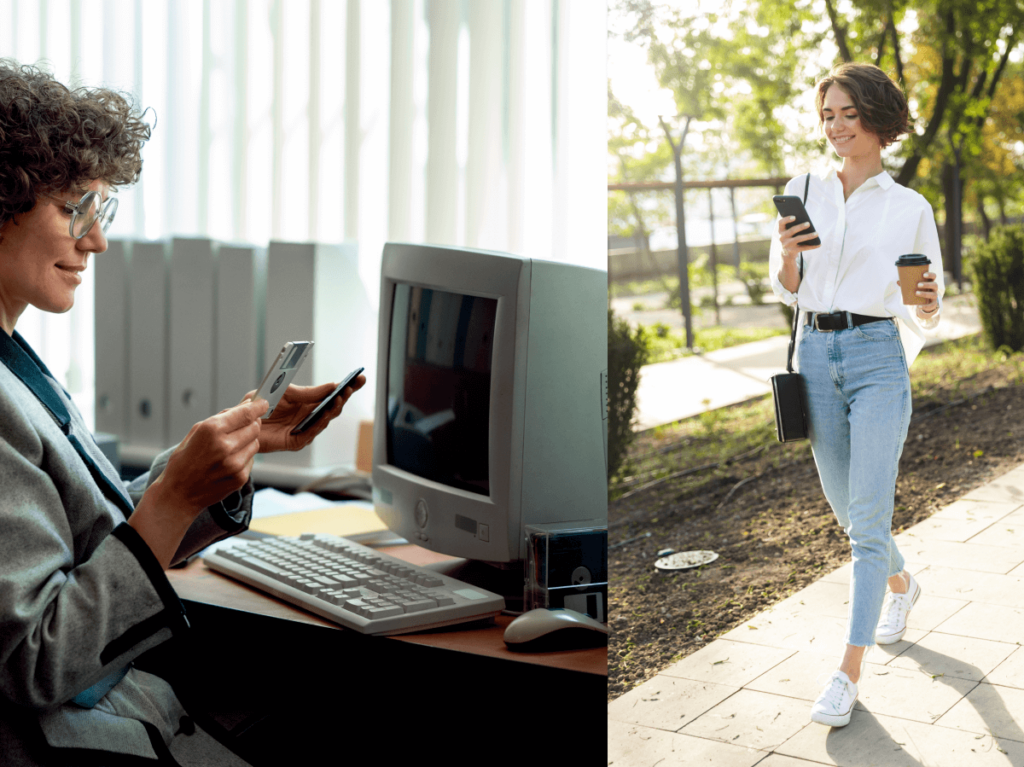 Split image contrasting a user with an early 2000s desktop computer versus a modern user browsing on a mobile phone outdoors