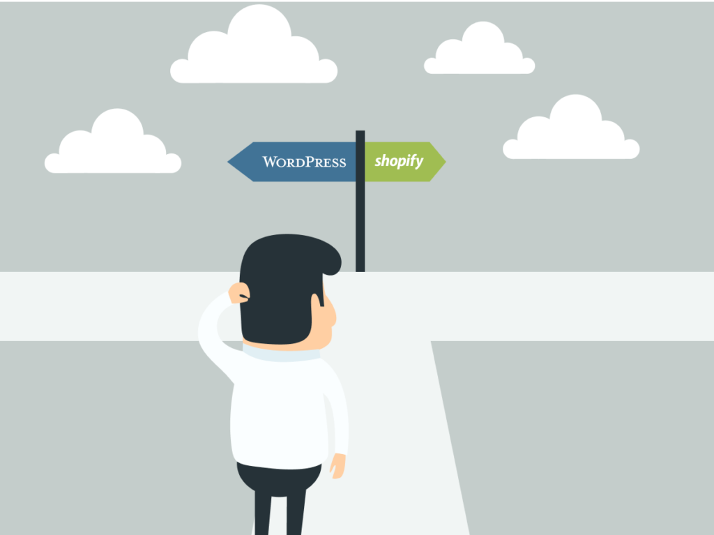 Illustration of a business owner at a crossroads, deciding between a path labeled WordPress (WooCommerce) and another labeled Shopify