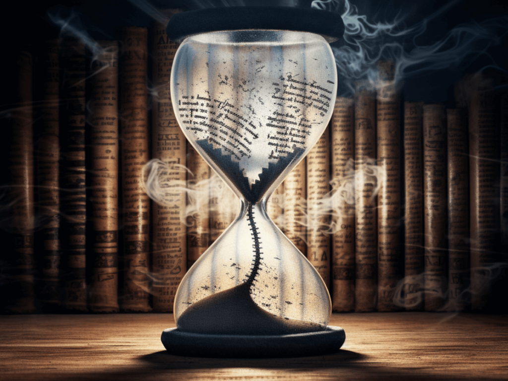 An hourglass with sands of time flowing, interspersed with words and set against a backdrop of vintage books, symbolising the enduring power of authentic content