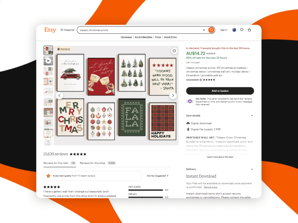 Screenshot of an Etsy listing page showcasing an array of Christmas printables with a search bar indicating 'classic Christmas prints', demonstrating the use of long-tail keywords for niche product visibility.