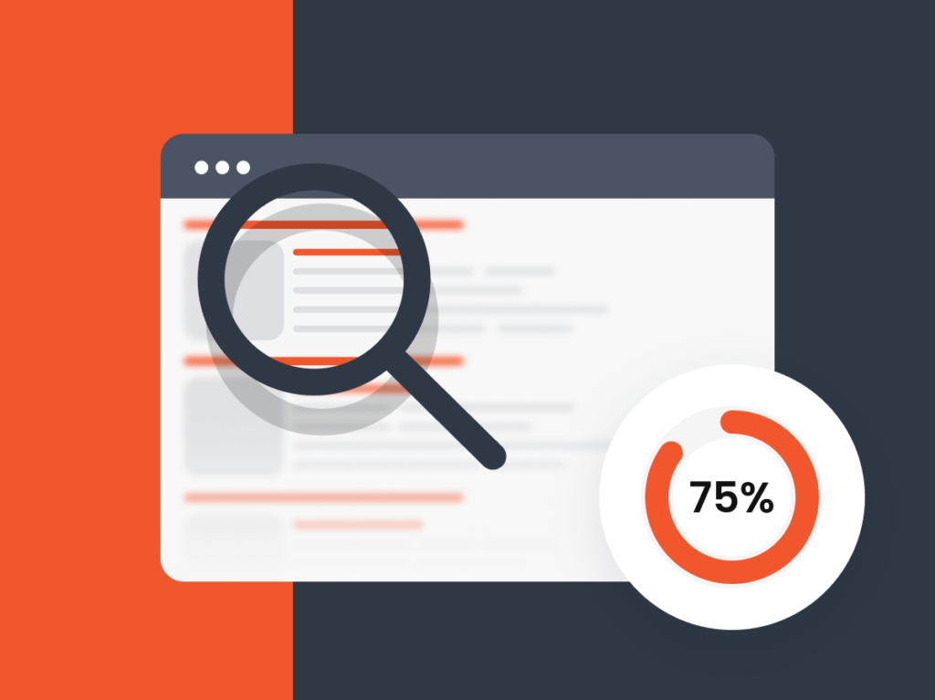 Graphic depicting a magnifying glass over a web page with a pie chart highlighting that 75% of users don't look beyond the first page of search results