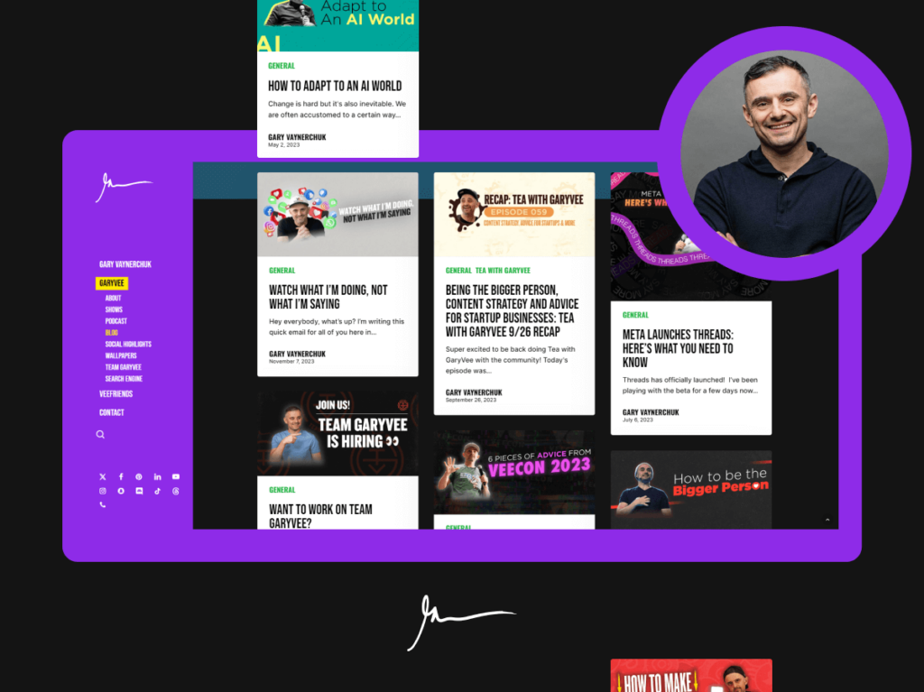 Screenshot of Gary Vaynerchuk's blog displaying a variety of posts and multimedia content in a well-organised layout