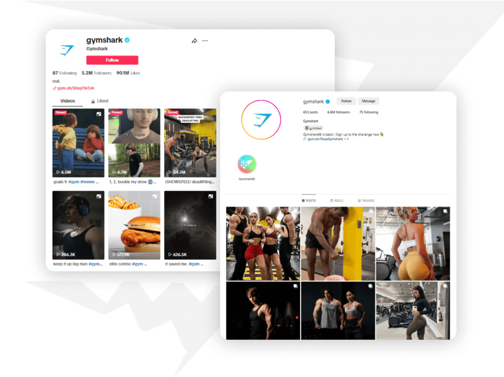 Screenshots of Gymshark's Instagram and TikTok profiles displaying engaging fitness content and substantial follower engagement, reflecting a strong social media strategy