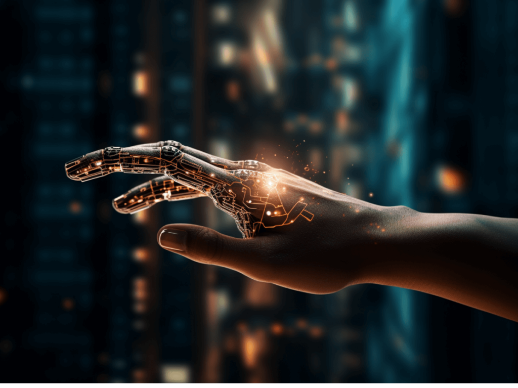 A human hand extends towards a cybernetic hand, symbolising the collaboration between human creativity and artificial intelligence in the realm of digital content creation