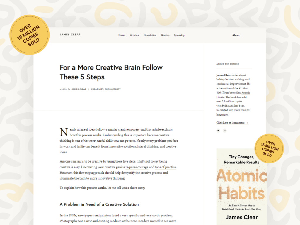 Screenshot of James Clear's blog article titled "For a More Creative Brain Follow These 5 Steps"