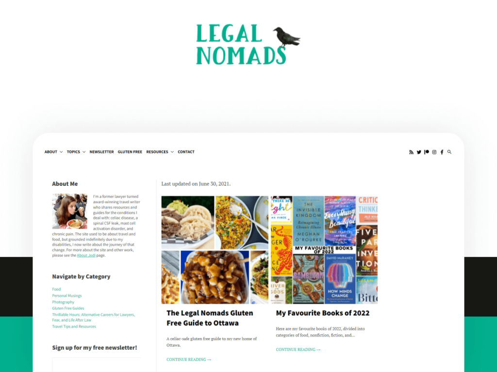 A screenshot of the Legal Nomads blog homepage featuring articles on gluten-free guides and favourite books