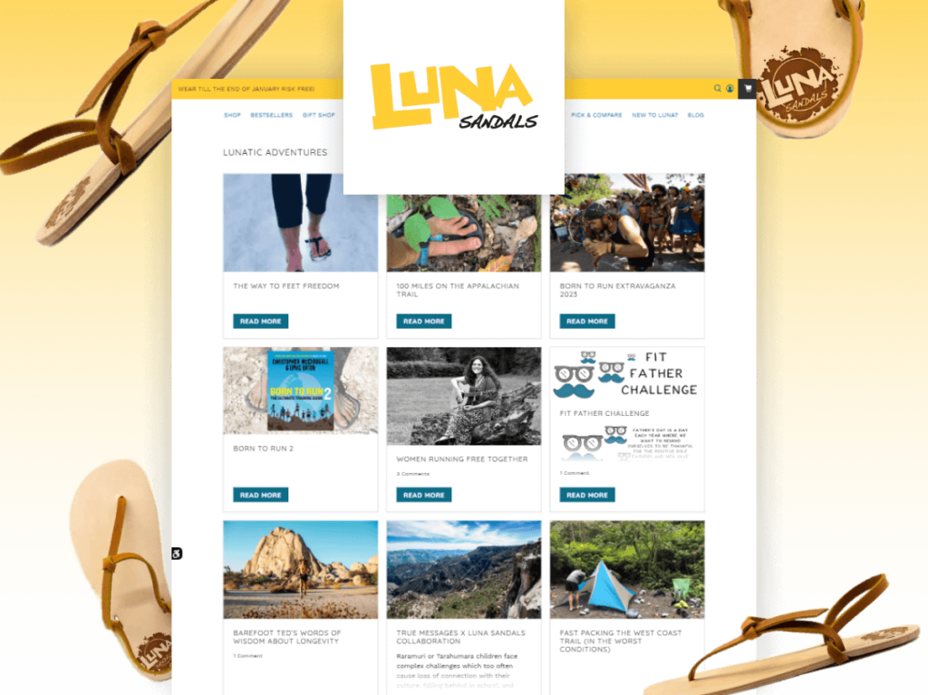 Screenshot of Luna Sandals’ blog page, showcasing a variety of outdoor adventure and fitness lifestyle articles, part of their successful monthly content strategy.