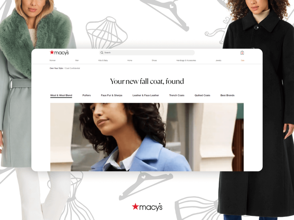 Macy's landing page highlighting their fall coat collection with the text "Your new fall coat, found" and categories for different coat styles, illustrating updated content for SEO