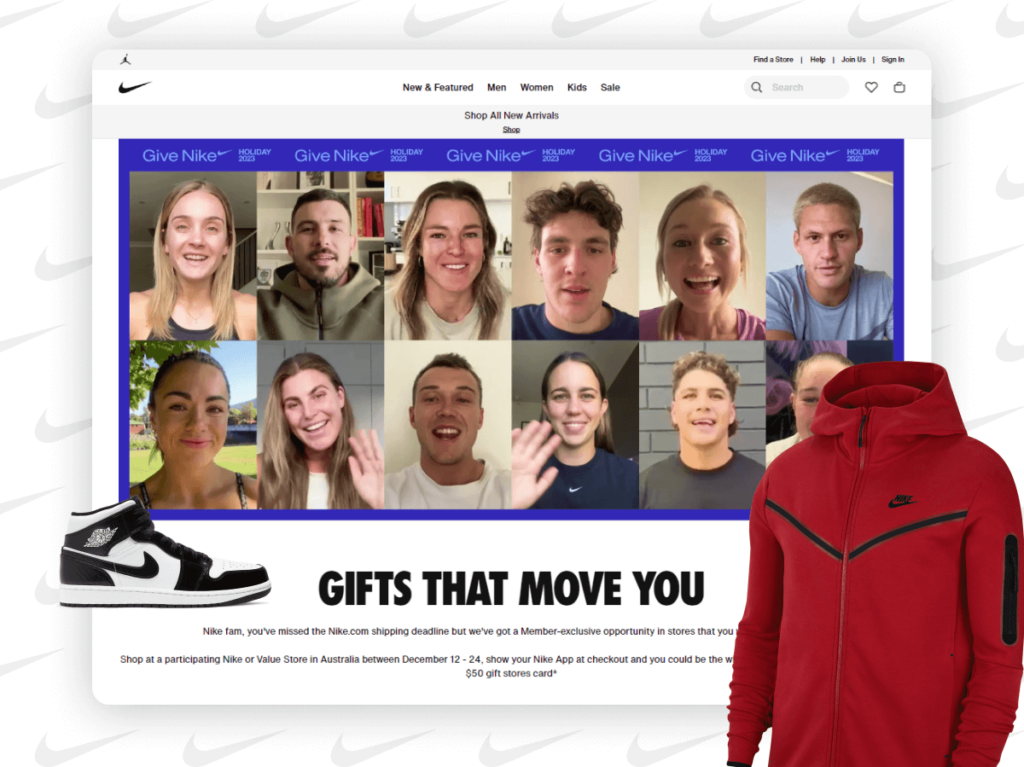 Screenshot of Nike's website featuring a holiday campaign with diverse user-generated content, a promotional message for a members-exclusive offer, and a highlighted product