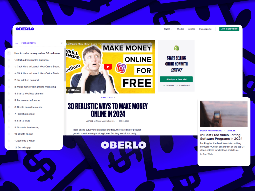 Screenshot of Oberlo's blog post listing ways to make money online, featuring affiliate links and multimedia elements