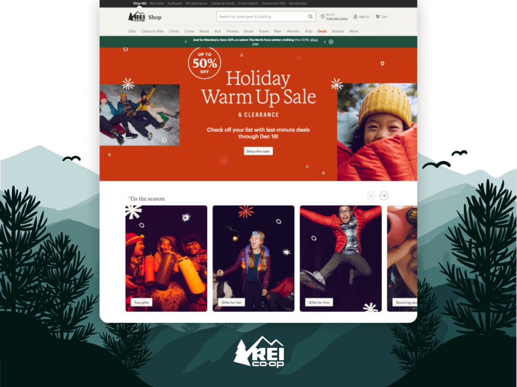 Homepage of Rei featuring their Holiday Warm Up Sale, exemplifying a web design that is optimised for fast loading to enhance user experience and SEO