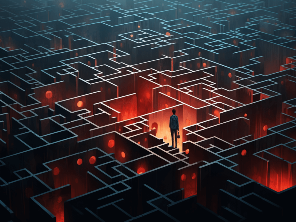 A lone figure contemplates a vast digital maze, representing the challenges of integrating AI with SEO strategies