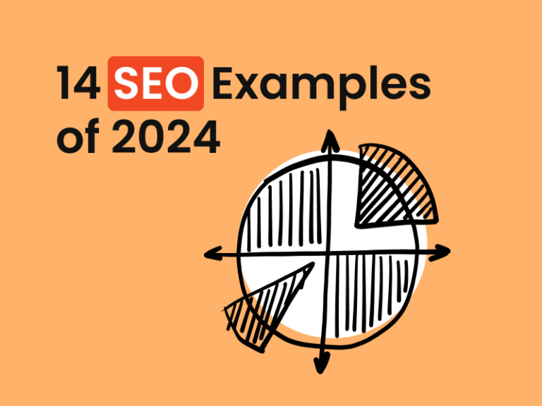 Illustration featuring the text “14 SEO Examples of 2024” with a graphical representation of a segmented globe and SEO icon, symbolising a global approach to SEO strategies