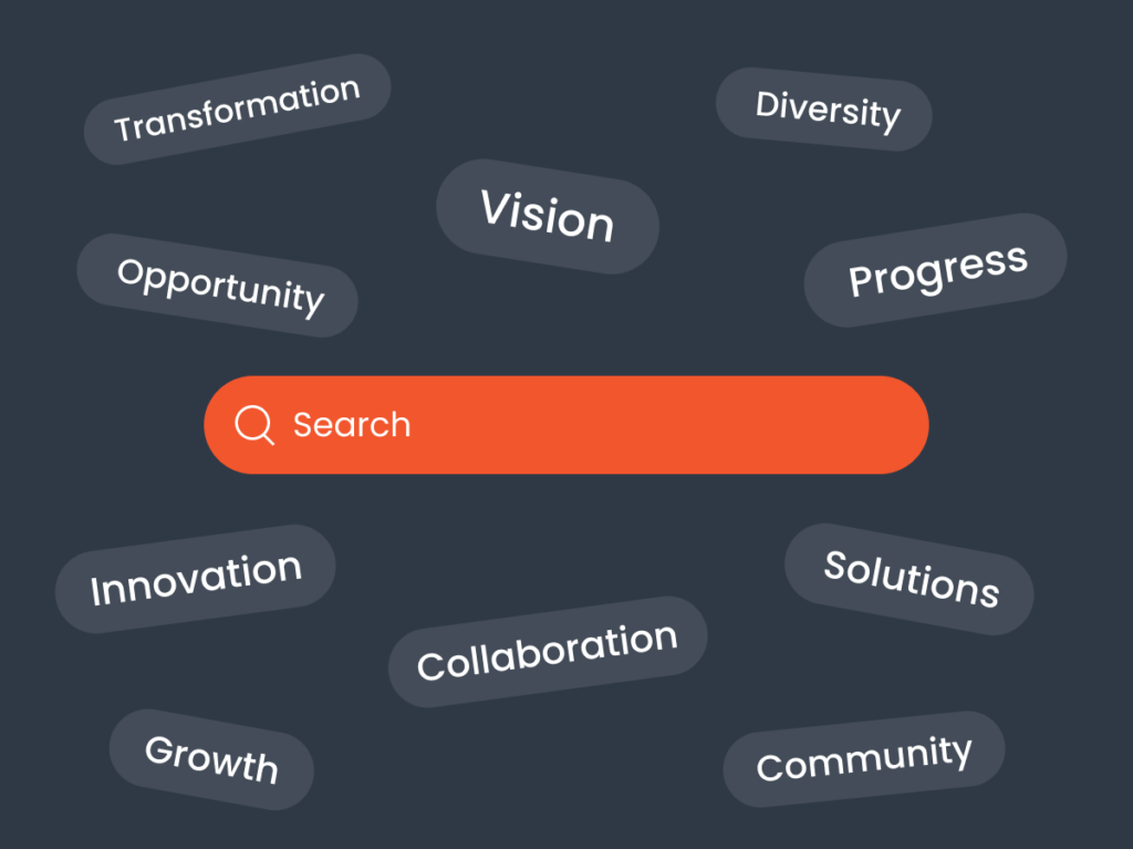 Search bar with magnifying glass surrounded by keywords like Vision, Diversity, and Innovation, representing the core of SEO