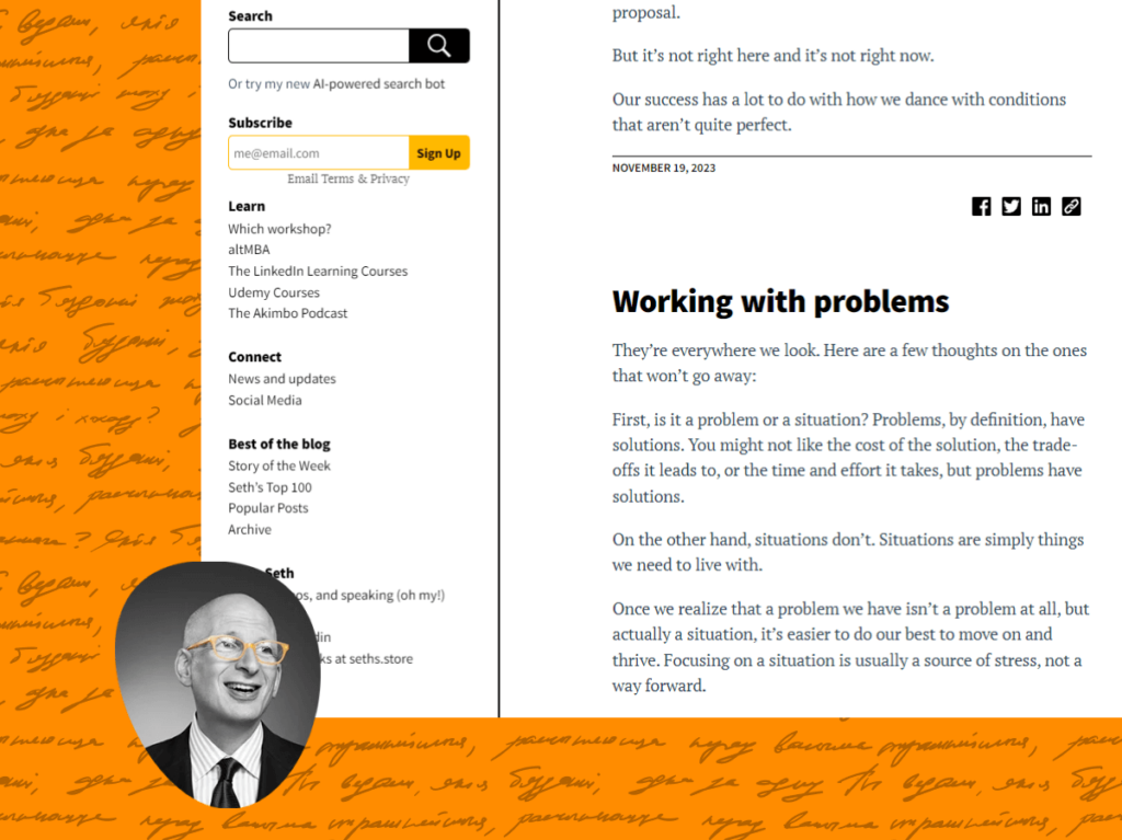 Screenshot of Seth Godin's minimalistic blog interface featuring a recent post titled 'The perfect conditions'