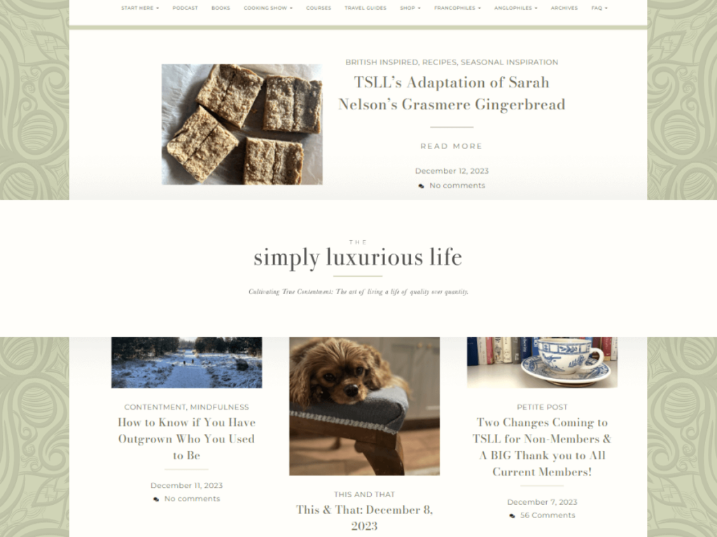 A calming blog interface from Simply Luxurious Life showcasing articles on quality living and contentment