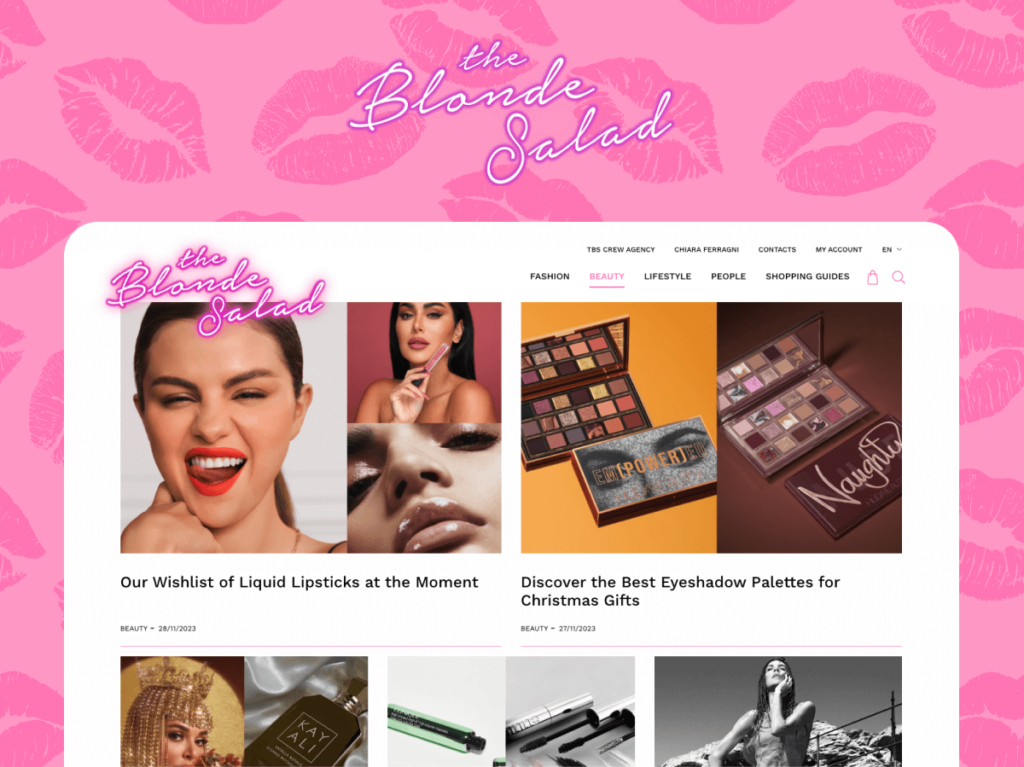 Homepage of The Blonde Salad featuring articles on fashion, beauty products, and tech gadgets