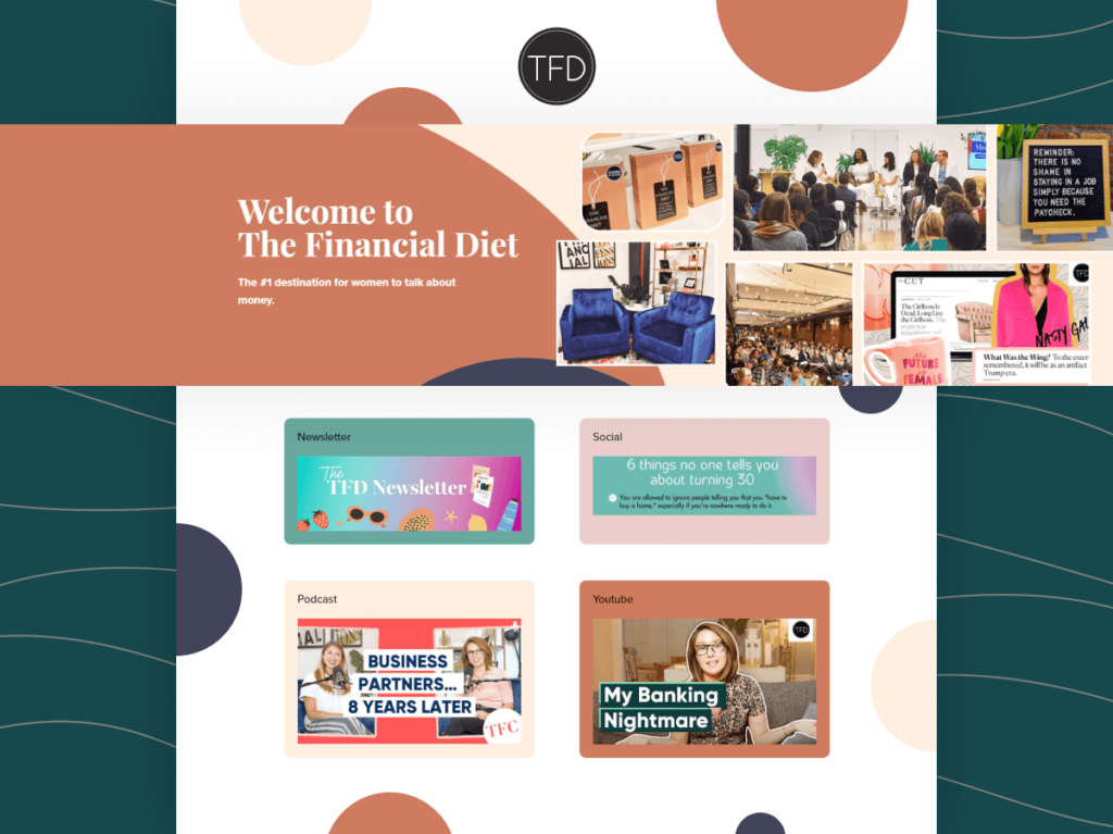 Homepage of The Financial Diet blog with a welcoming header and snippets from recent articles