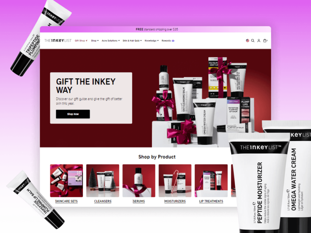 Homepage of The INKEY List's website showcasing its skincare products with an emphasis on the technical optimisation for swift page loading, contributing to an enhanced user experience