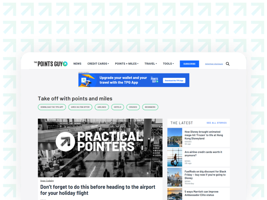Homepage of The Points Guy website with featured articles on travel points and miles